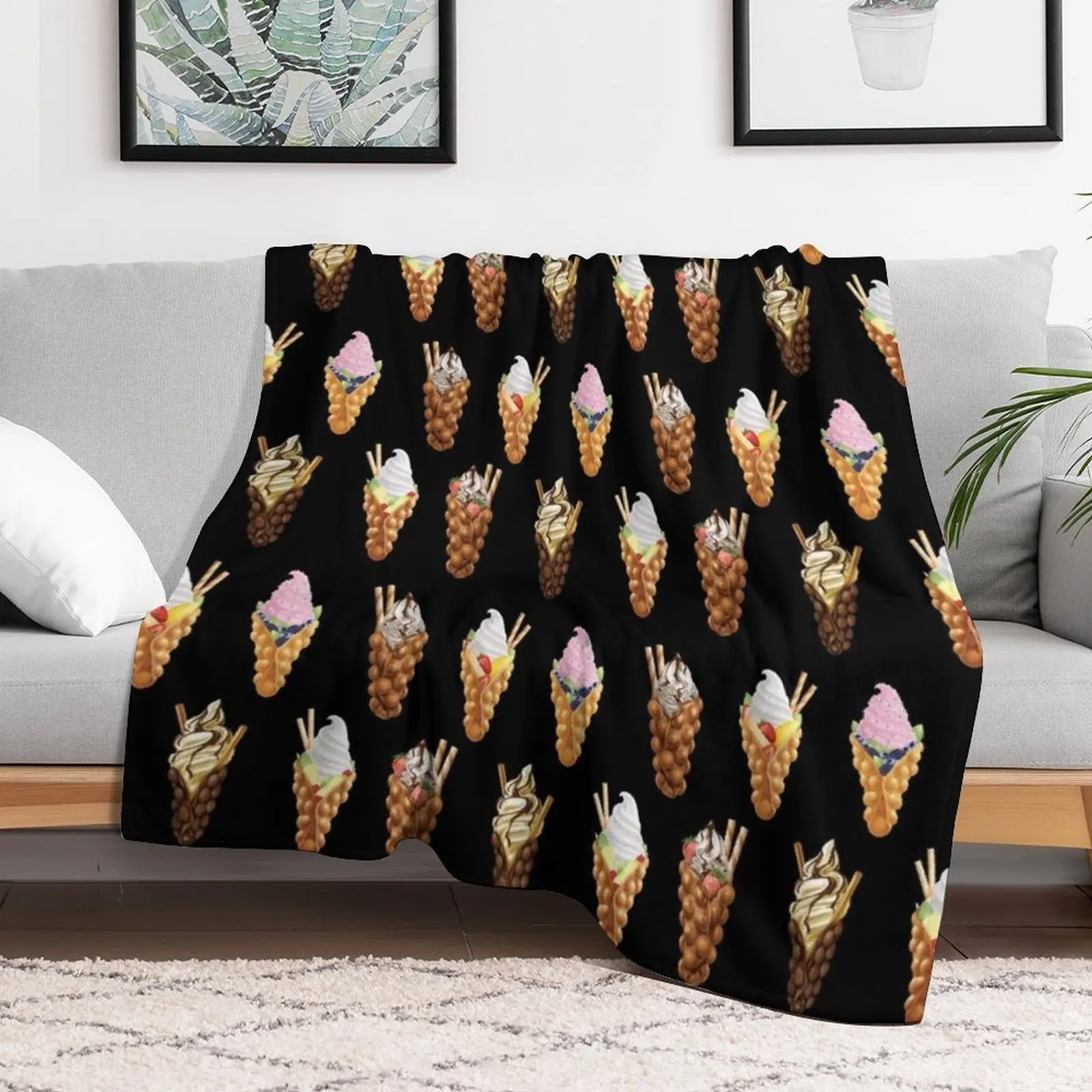 Assorted Flavors Of Egg Bubble Waffle With Ice Cream Throw Blanket Luxury Hairy Travel Blankets