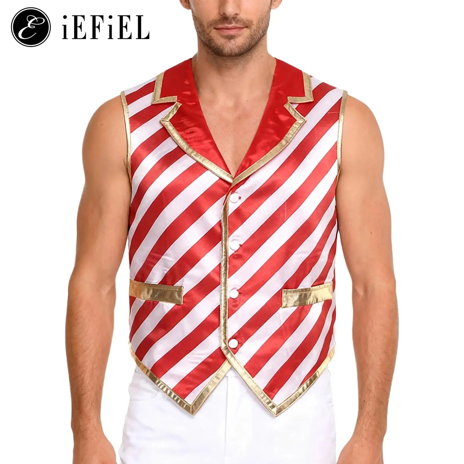 

Mens Christmas Candy Cane Striped Vest Metallic Shiny Trim Pointed Hem Waistcoat Jacket Xmas Elf Circus Cosplay Santa Claus Top