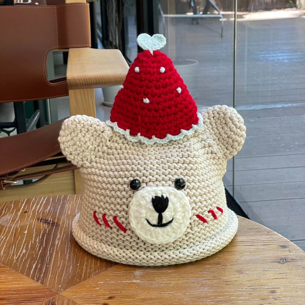 

Cute Bear Birthday Hat Female Cute Cartoon Handmade Knitted Beanie Autumn and Winter Warm Crochet Knit Christmas Pullover Hats