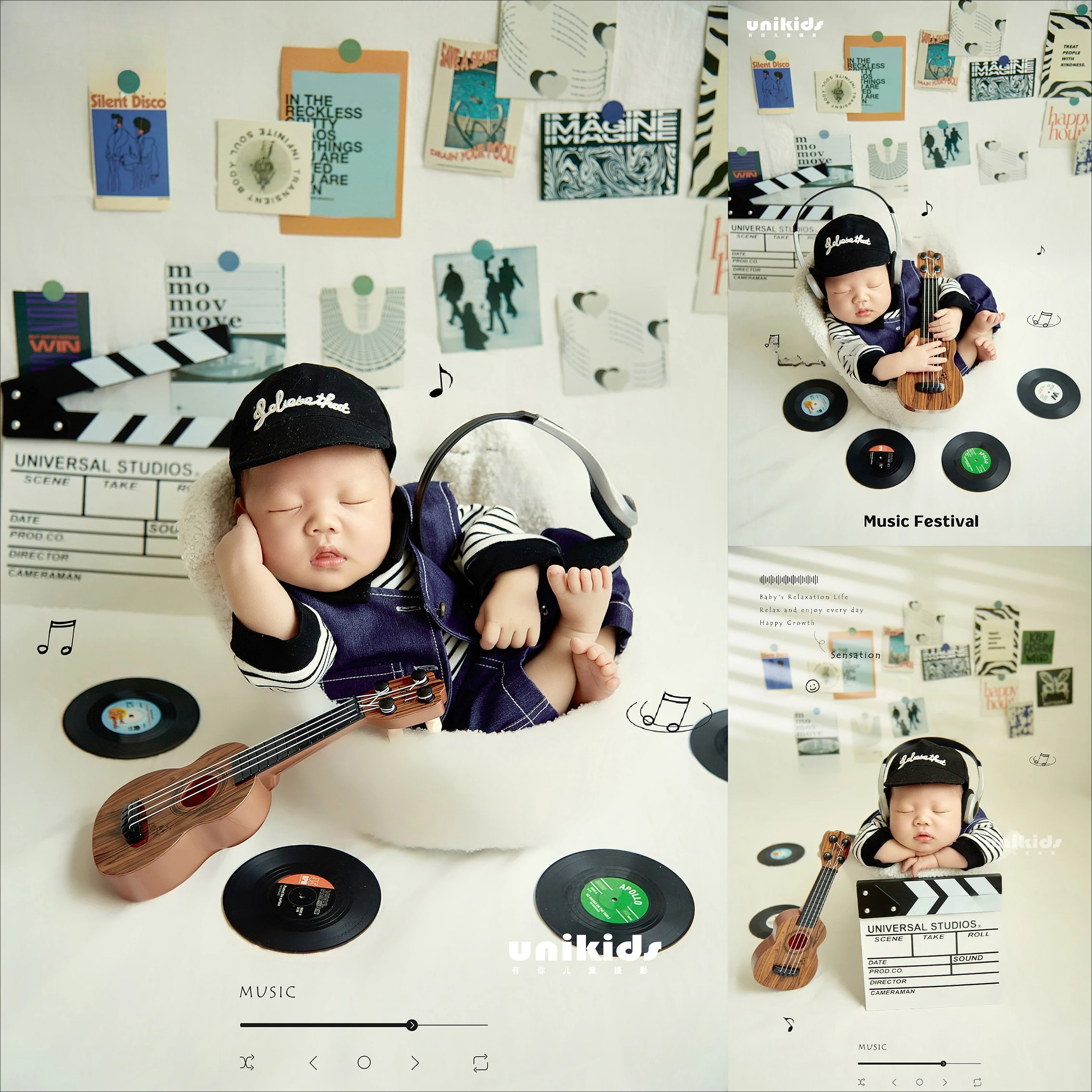 Newborn Photography Props for Baby Boy Fashion Music Theme with Outfit Set Guitar Record Poster Set for Studio Photoshoot Prop