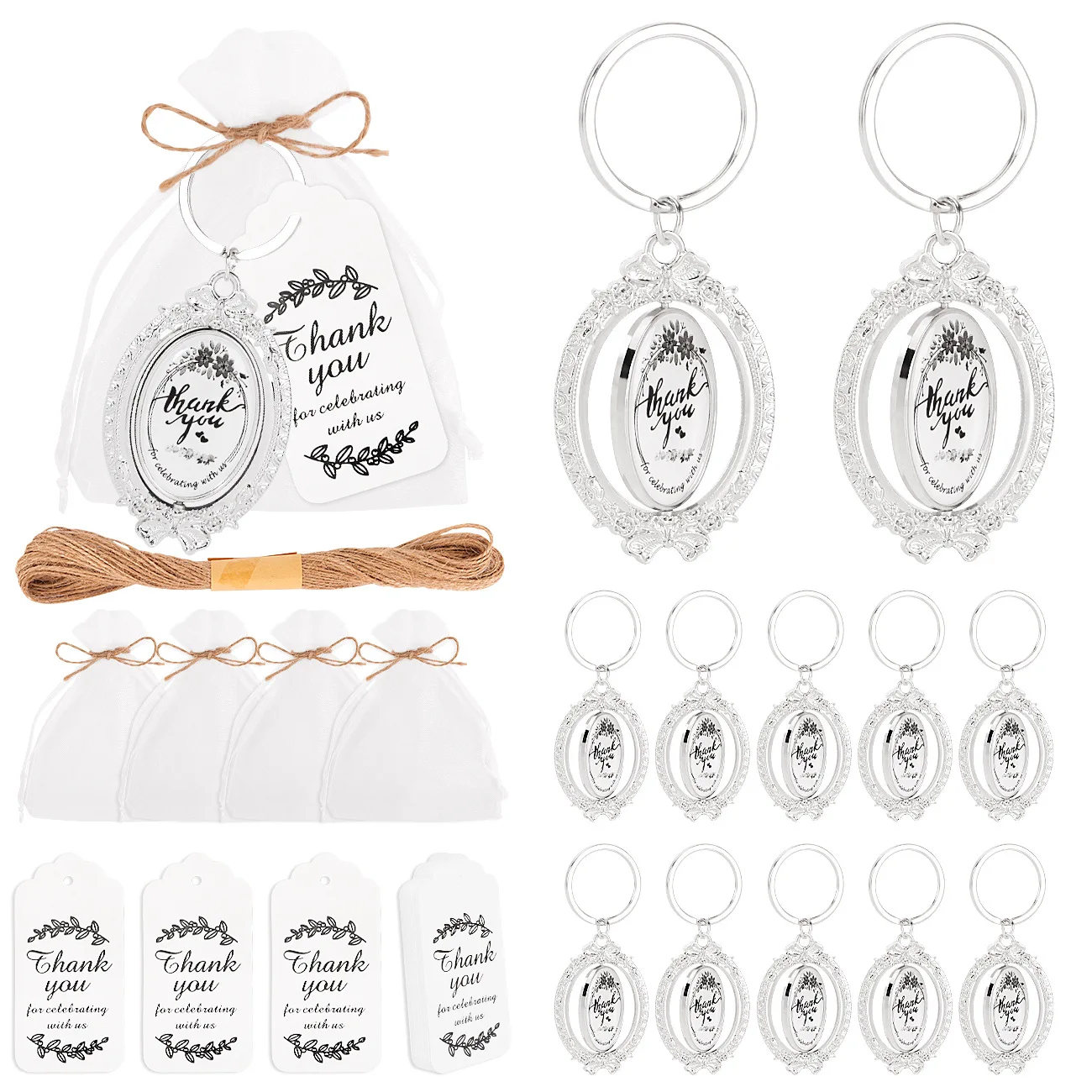 6Pcs Creative Elliptical Rotating Keychains Wedding Return Gifts for Guests Silver Keychain with Organza Bag and Thank You Card