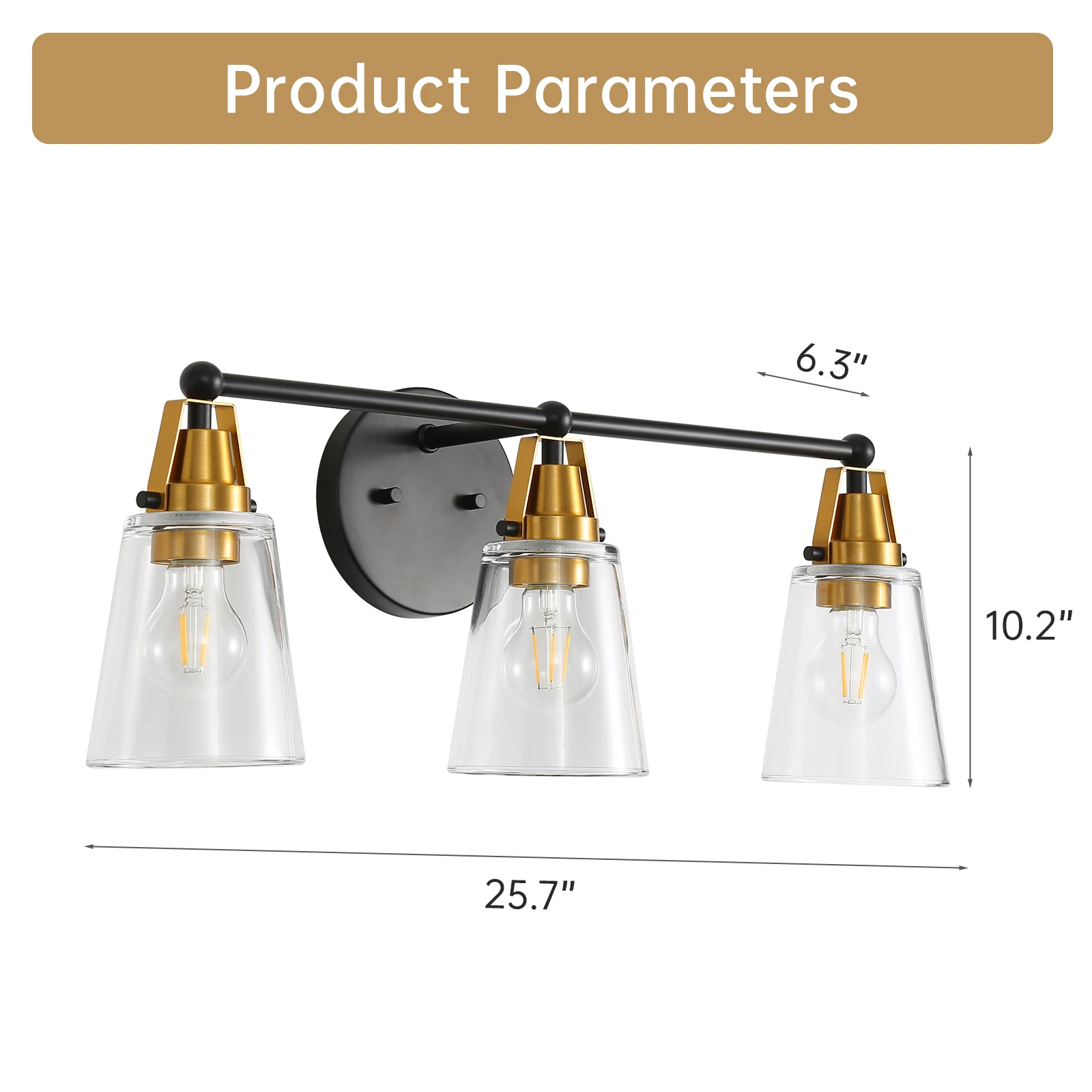 Lampada da bagno moderna a 3 luci nera + bronzo con paralume in vetro trasparente, applique da parete E26 sopra lo specchio per soggiorno camera da letto