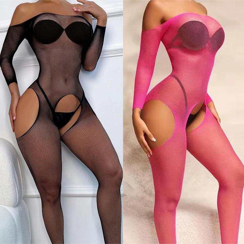 sexy lingerie woman Open Crotchless Bodystocking Sex Lace Transparent Lingerie Plus Size Bodysuit fishing net Erotic jumpsuits