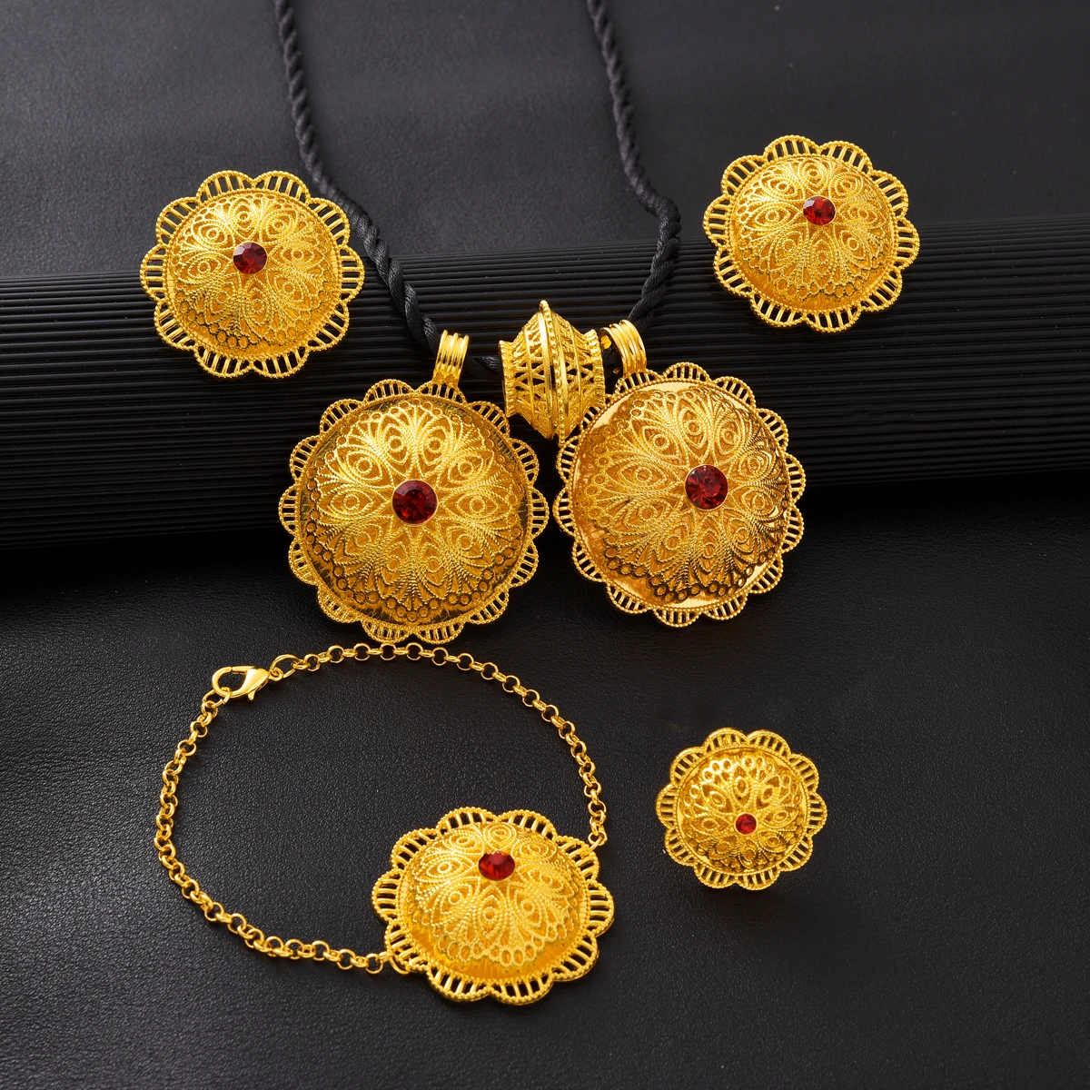 New Exquisite Golden Color Ethiopian Jewelry Sets Red Diamon 3/4/6-Piece Sets African Eritrean Wedding Engagement Gifts #264