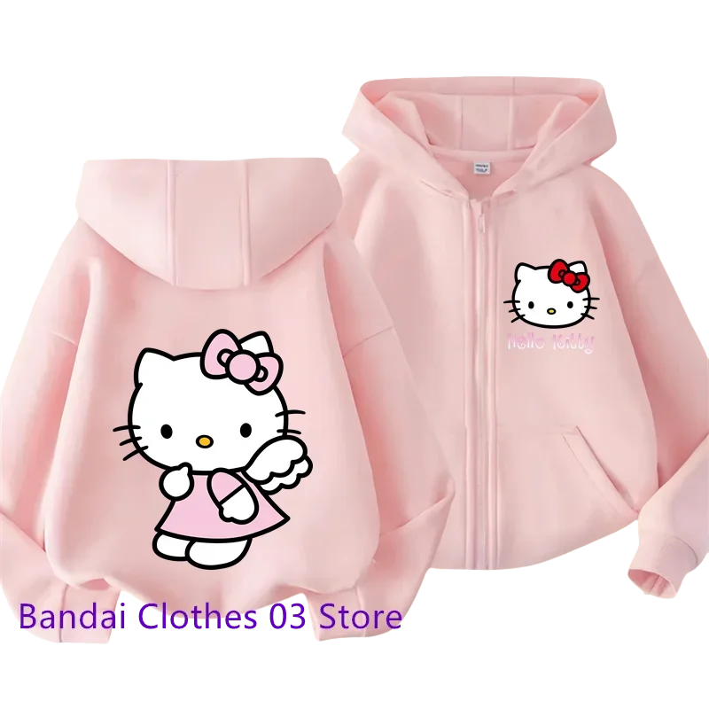 Cute Hello Kitty New Pin Zipper Hoodie Girls Sweatshirt Autumn/Winter Long Sleeve Jacket Harajuku Jumper Pin Casual Hoodie Top