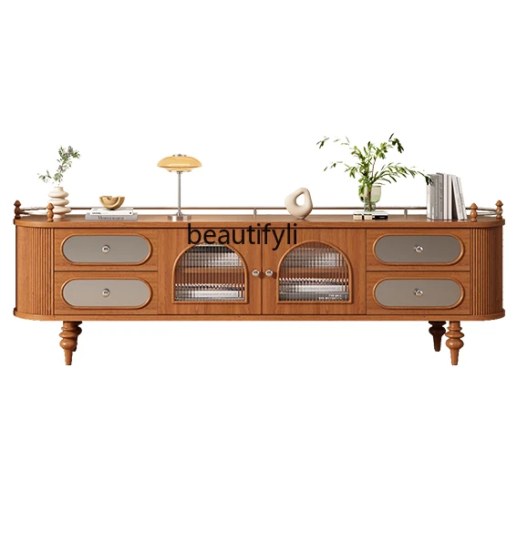 

French solid wood TV cabinet cherry wood medieval Roman column Changhong glass Nordic light luxury floor cabinet