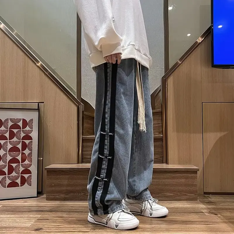Men Jeans Pants Black Wide Leg Oversize Cargo Korean Streetwear Hip Hop Harajuku Denim Trousers