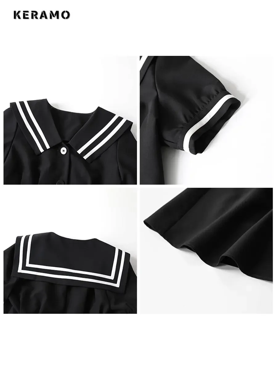 Preppy Style All-match Patchwork Sailor Collar Mini Dresses 2023 Summer Women\'s Puff Sleeve Y2K Harajuku Ulzzang A-Line Dress