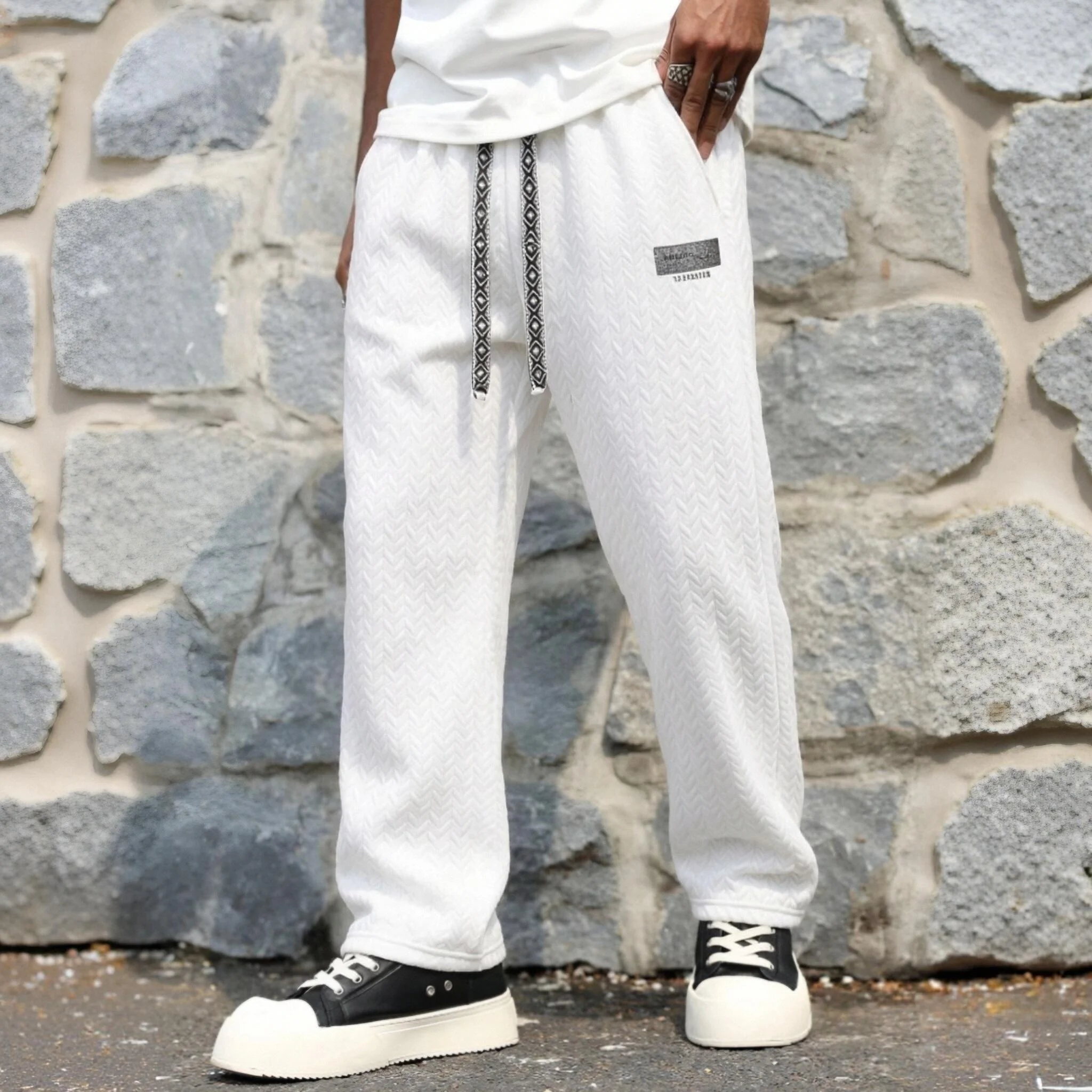 Casual Men Jacquard Textured Wide Leg Pants Woven Drawstring Elastic Waist Small Badge Loose Straight Male Streetwear Pants