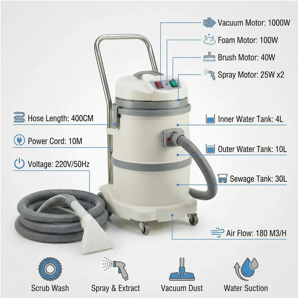 Pro Upholstery Extractor with Full Kit: Sofa Brush, Vacuum Tools, 14m Reach for Hotel, Office, Cinema