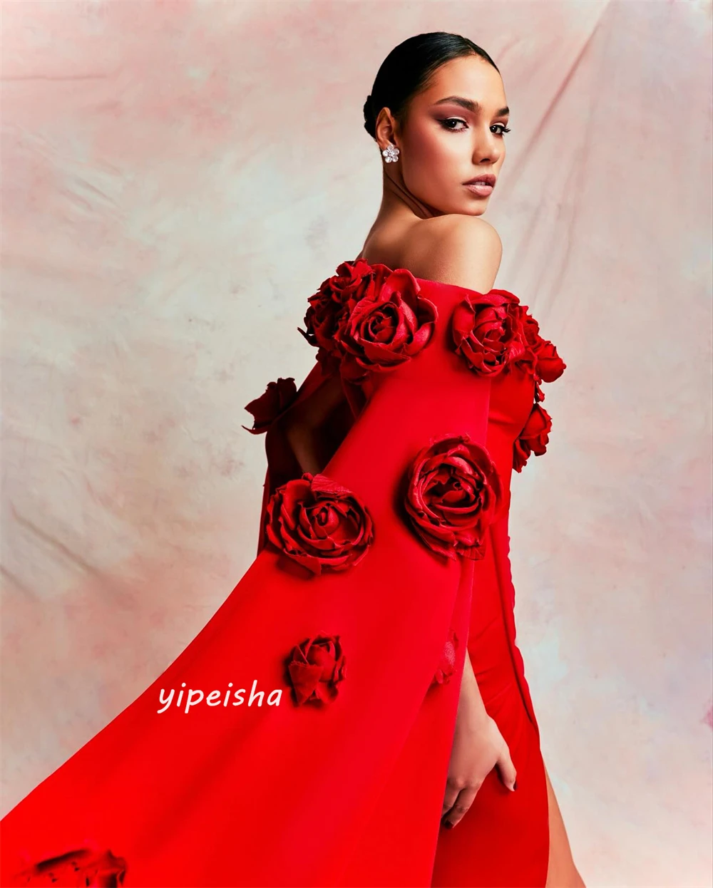 Yipeisha Sexy Modern Style Formal Evening Off the Shoulder A-line Flowers Floor-Length Satin Bespoke Occasion Dresses