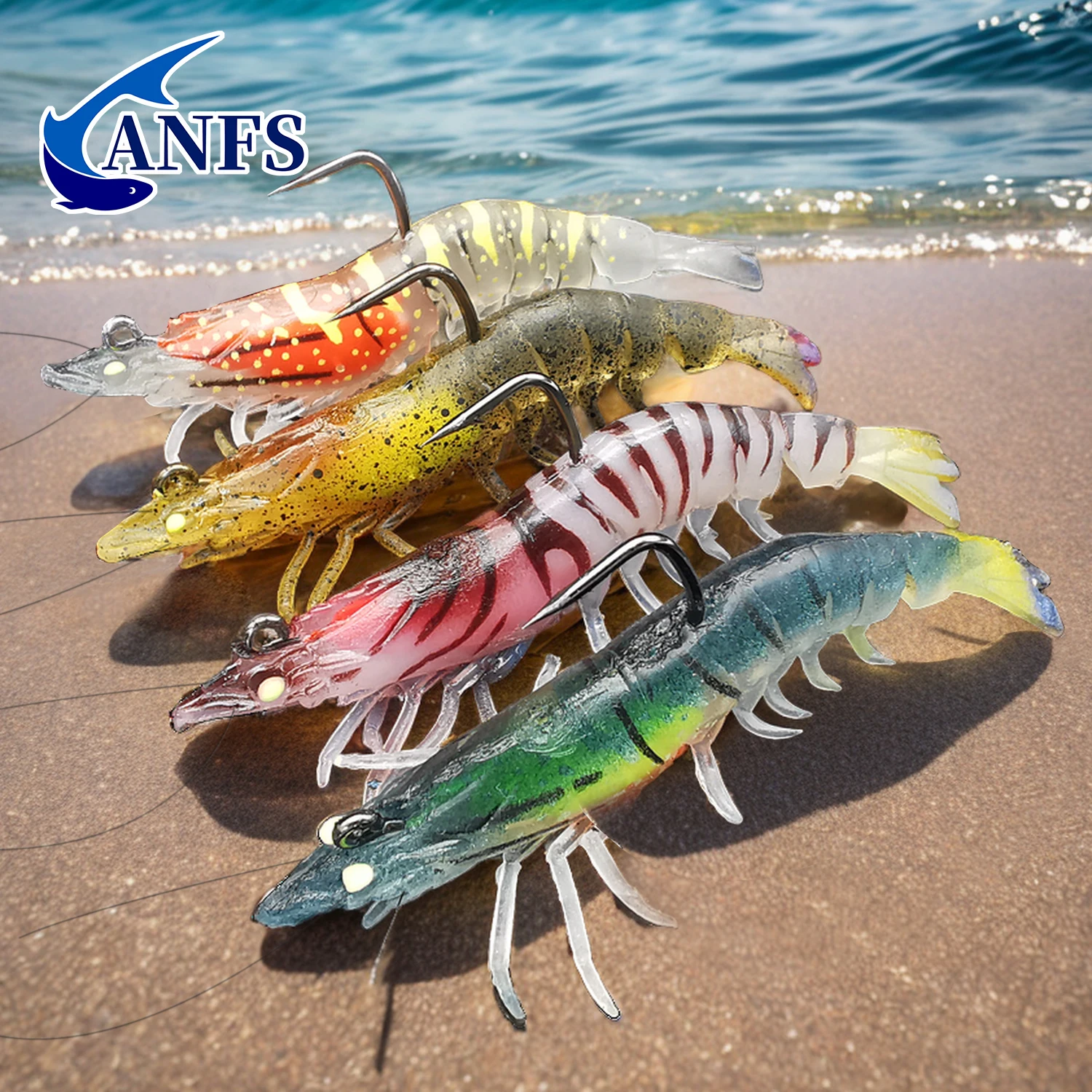 ANFS Shrimp Fishing Lures Prawn Artificial Bait with Pre-rigged Fishing Jigs For Bass Trout Walleye