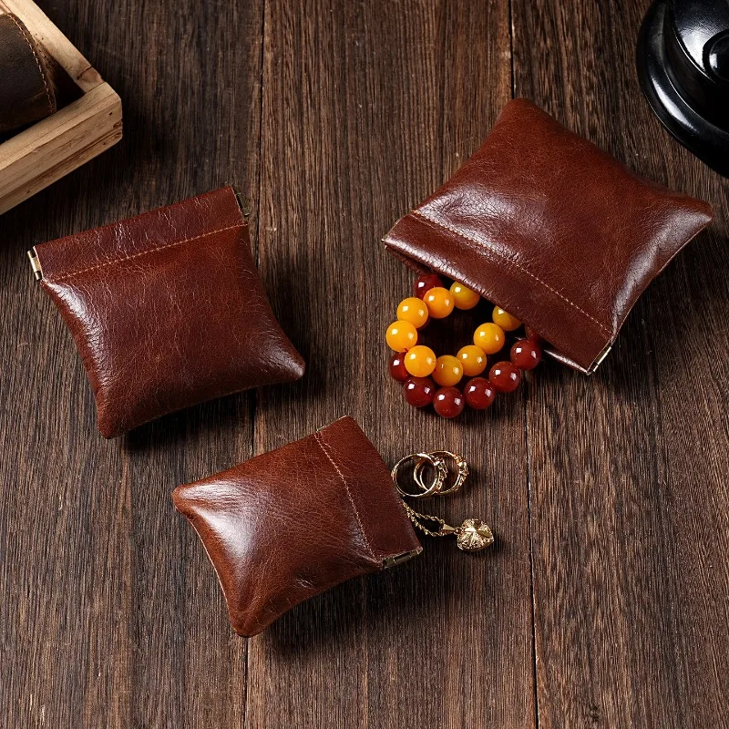 Vintage Genuine Leather Squeeze Coin Purse Automatic Closing Mini Pouch Portable Jewelry Earphone Small Things Storage Bag