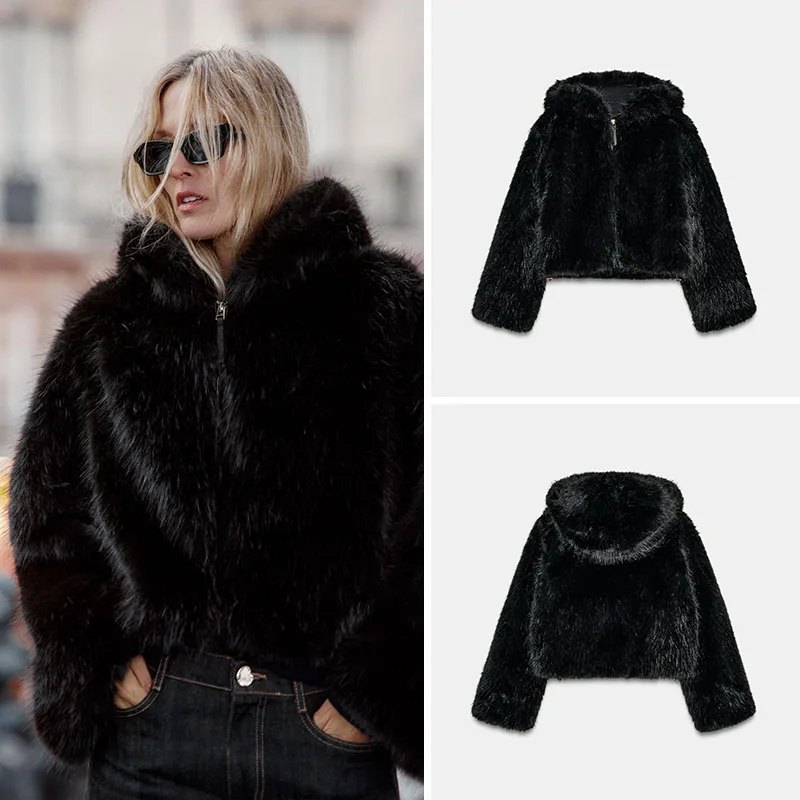Fashionable Hooded Artificial Fur Jacket New Arrival Autumn Women's Casual Style Standard Fit Zipper Closure Long Sleeve Coat