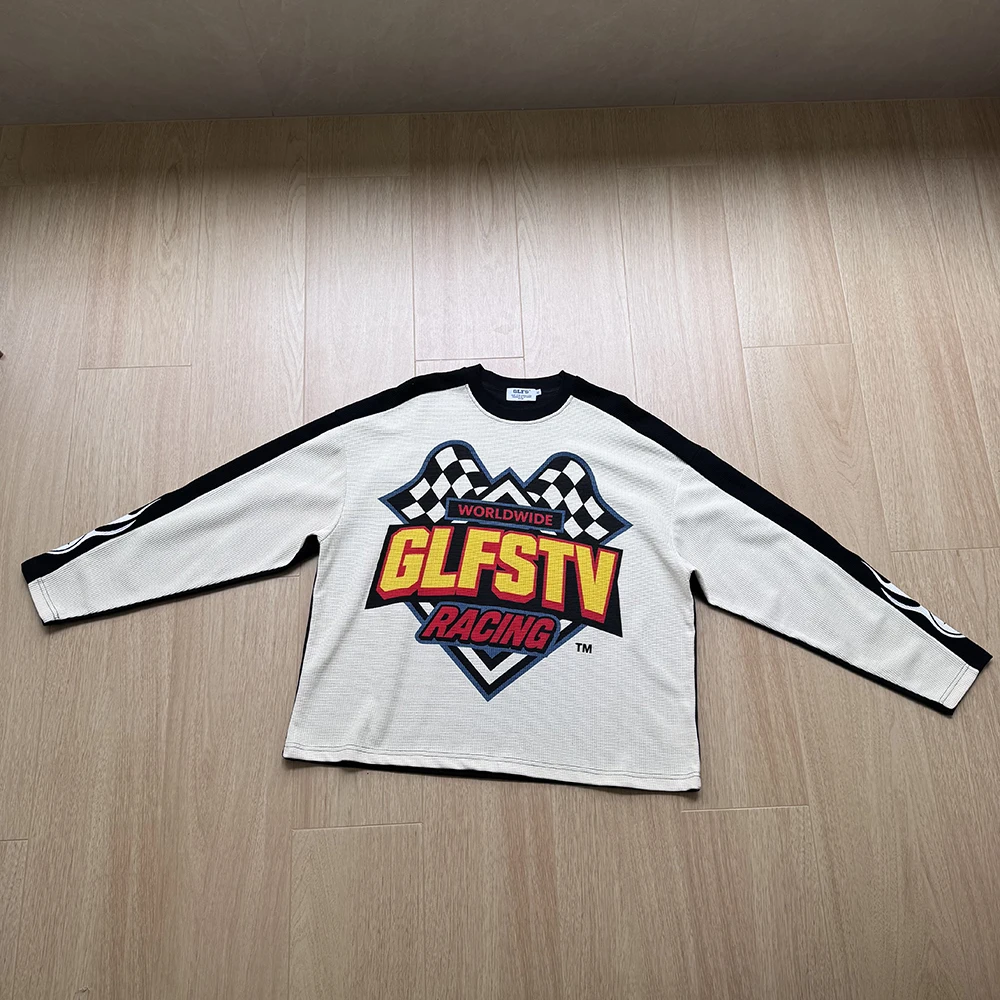Contrast Color Plaid Letter Waffle-pattern Long-sleeve T-shirts for Men and Women Streetwear Crew Neck  Loose Autumn Top Tees