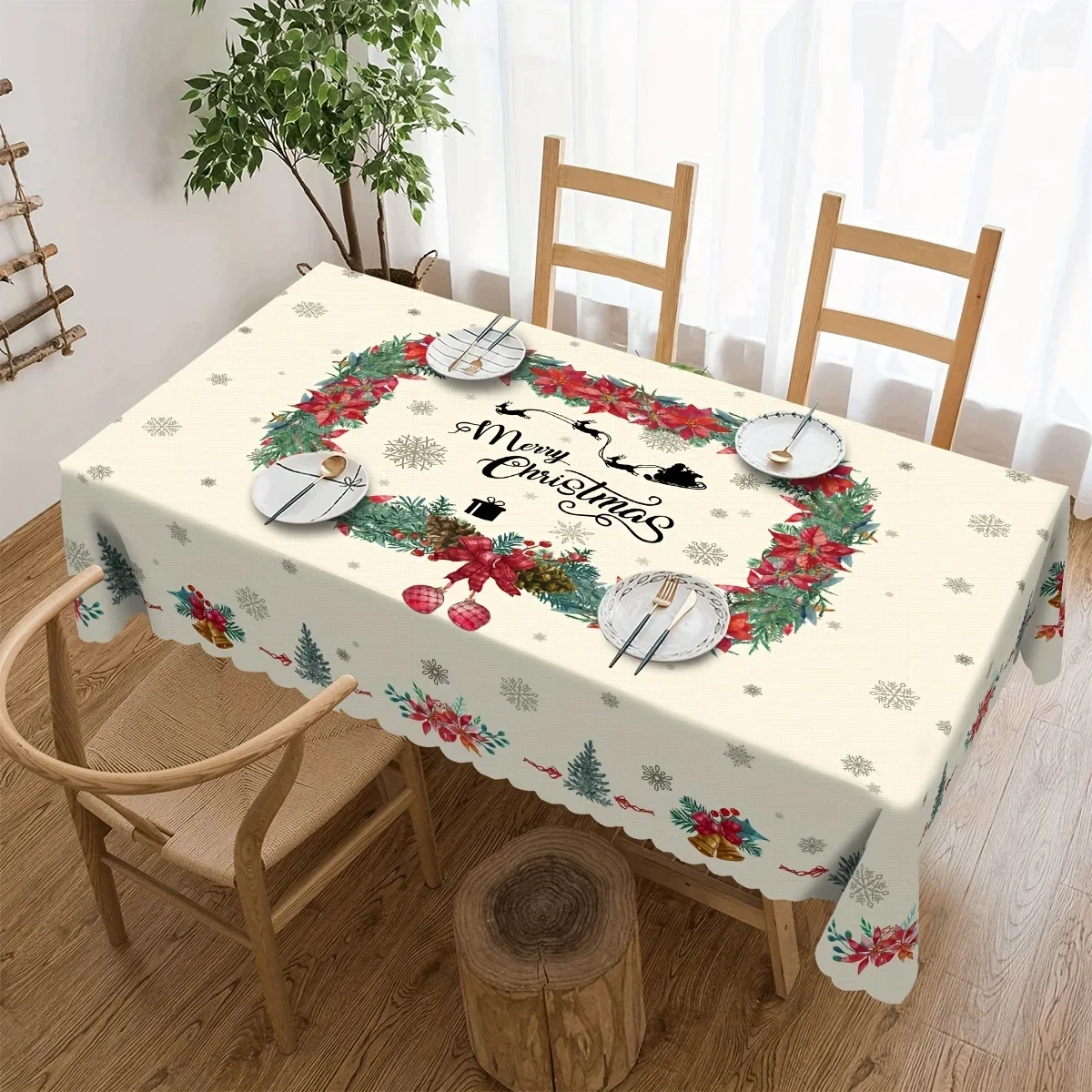 Christmas Poinsettia Pine Needle Snowflakes Tablecloth for Table Decor Reusable Winter Dining Tablecloth Christmas Decoration