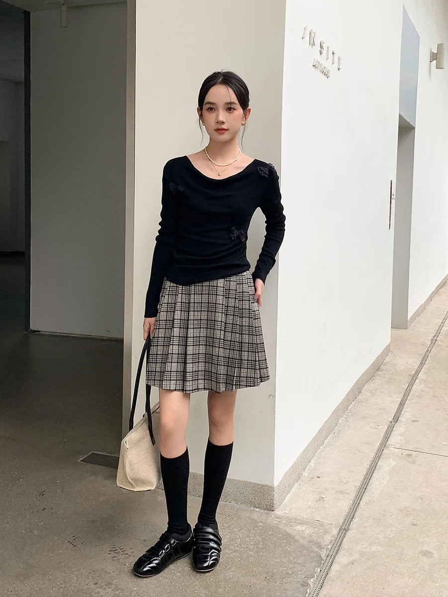 Jupe plissée rétro à carreaux, jupe mi-longue à taille semi-élastique, jupe courte de tempérament pour femmes, jupe moelleuse, jupe de princesse