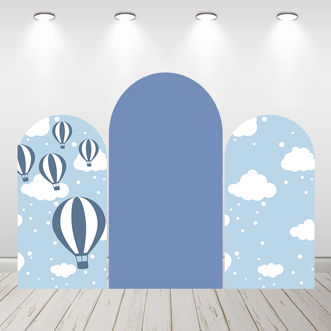 

Newborn Baby Shower Arch Wall Backdrop Cover Blue White Clouds Hot Air Balloons Background Photo Studio