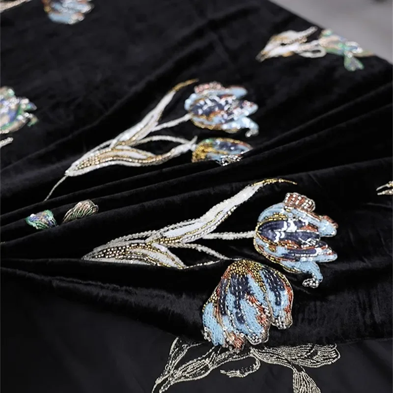 135cm Real Silk Velvet Jacquard Fabric Tulip Heavy Industry Bead Embroidery Brand Dress Designer Mulberry Silk Fabric Costura