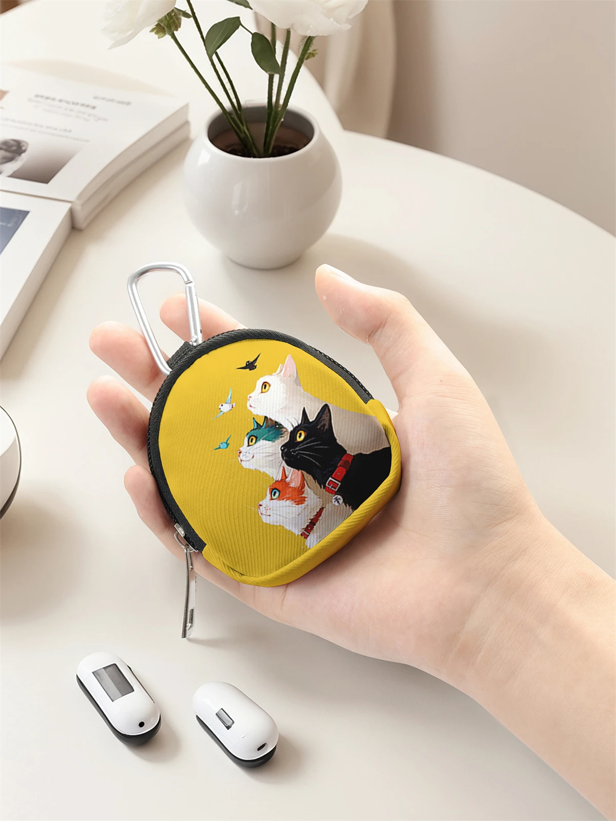 محفظة صغيرة مطبوعة بنمط قطة، حقيبة تغيير بسحاب مع مشبك خطاف، حقيبة مفاتيح لسماعات الرأس، مناسبة للرجال والنساء #3