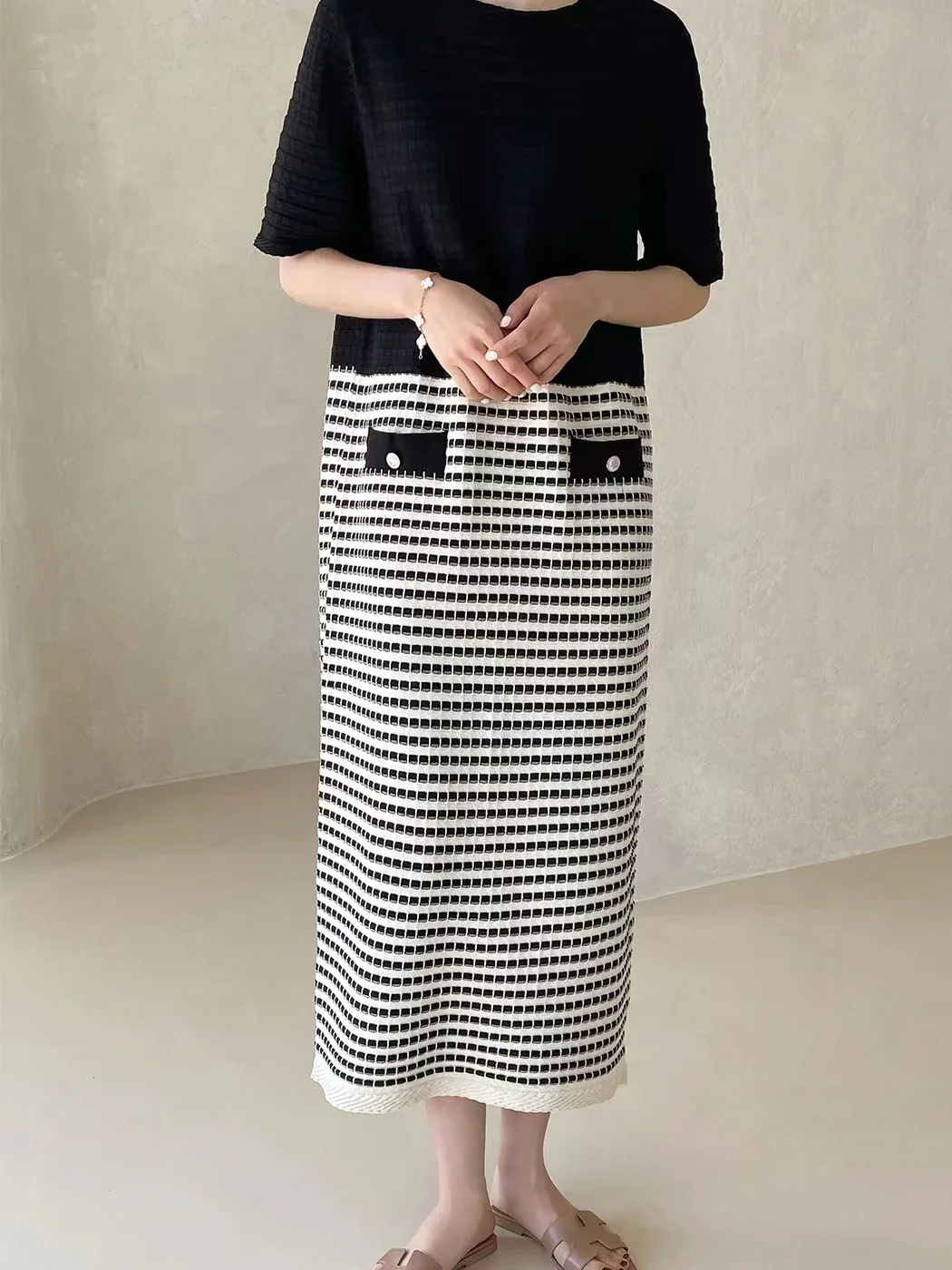 

Женские лоскутные платья контрастного цвета с короткими рукавами для женщин 2023, Vestidos, французский халат Femme, корейское модное летнее вязаное платье