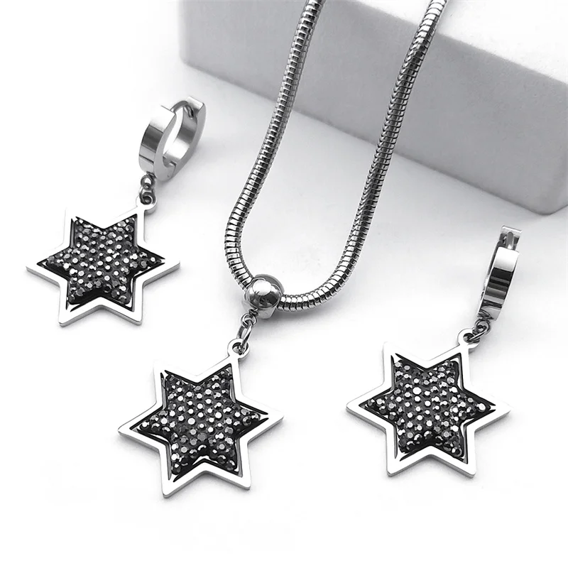 Israel Magen Star of David Jewelry Set Women Men Stainless Steel Jewish Hexagram Amulet Snake Chain Necklace Earrings Bracelet