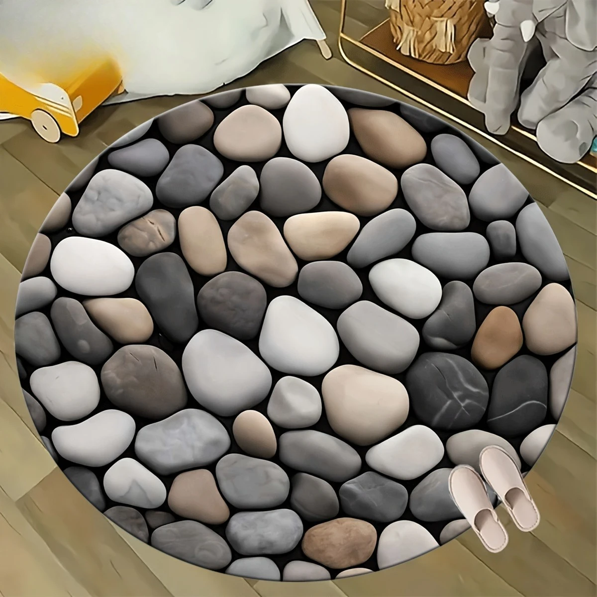 Grey Irregular Rock Slab Print Circular Area Rug  Retro Stone Path Round Mat Farmhouse Balcony Garden Home Floor Rug