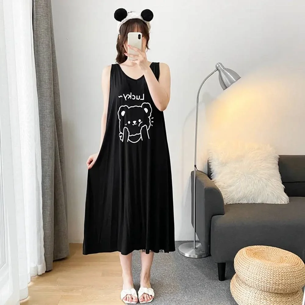 Large Size 4XL 150KG Women Summer Long Dress Women Sleevelesss V Neck Dress Casual Loose Black Pink Sleepwear Dresses