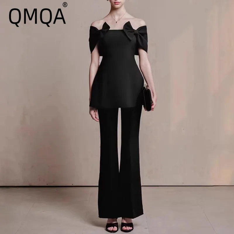 

QMQA Модный женский элегантный черный комплект из 2 предметов с бантом, облегающий топ, длинные брюки с высокой талией, 2026 Женские новые комплекты 2026 Новый QM1027