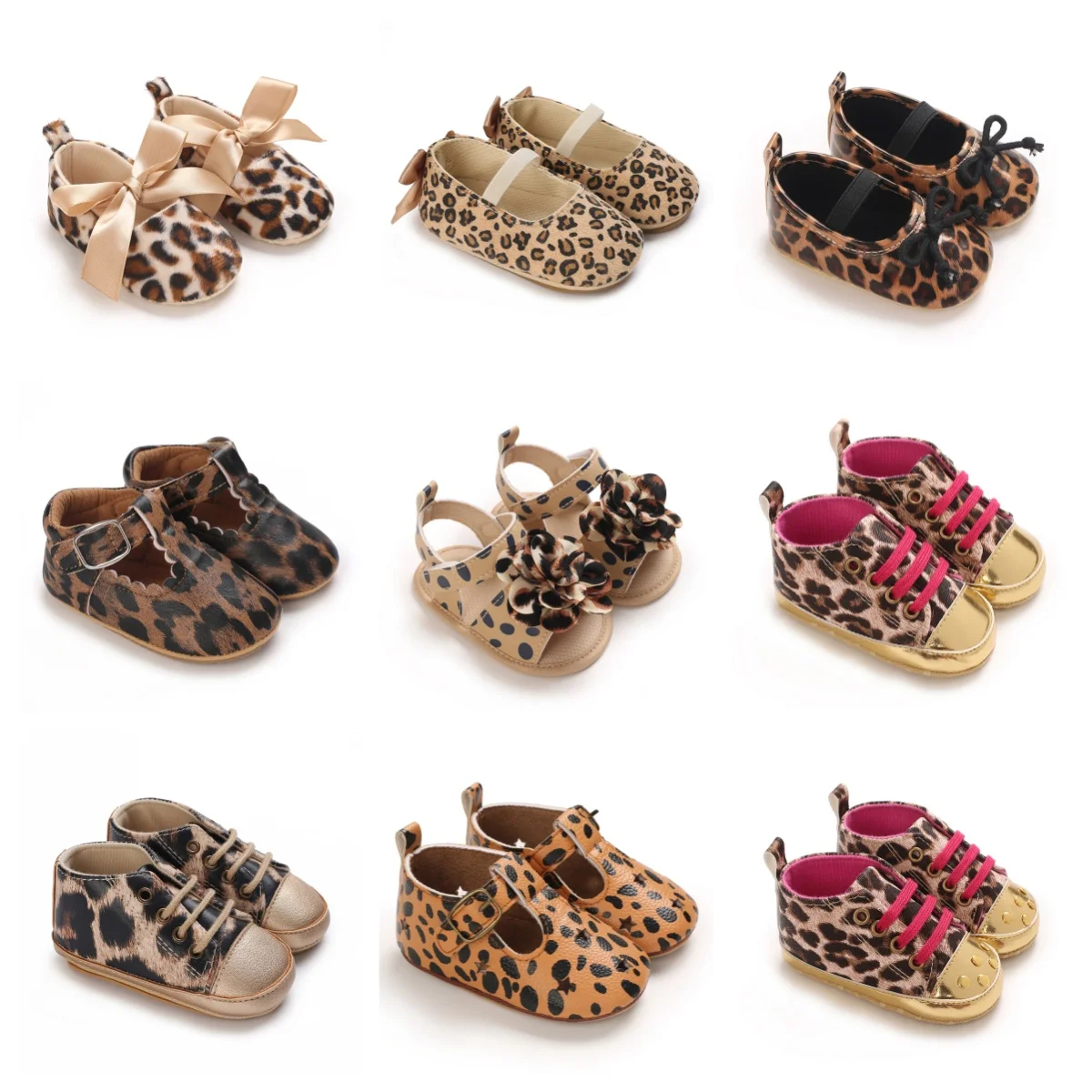 Spring and summer fashion trend leopard print princess shoes for baby girls, comfortable soft soled walking shoes suitable for 0