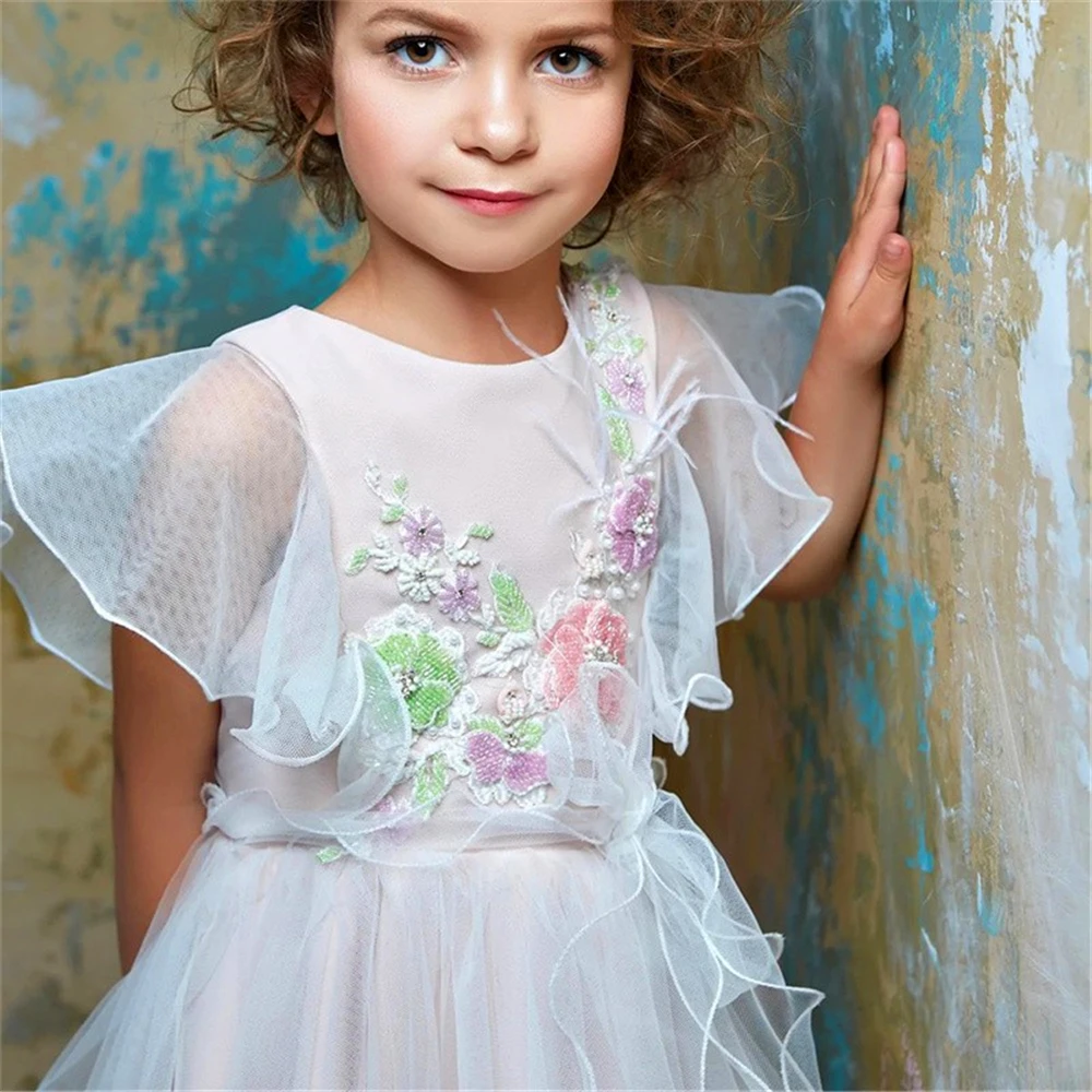 Flower Girl Dress Lovely Tulle Lace Decal Short Princess Ball Pageant First Communion Kids Surprise Birthday Present