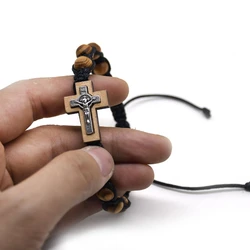 Cross Bracelet Pine Beads Weaving Knot Rosary Saint ​Benedic Bracelet Adjustable Rope Chain Suitable for Most Adults