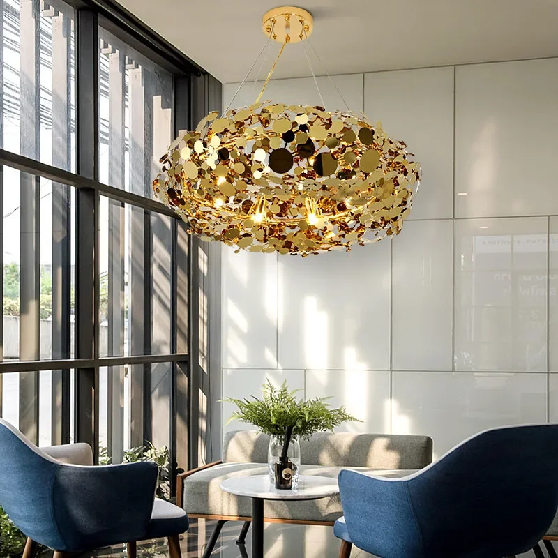 Light Luxury Restaurant Bedroom Chandelier Postmodern Stainless Steel Design Golden Clothing Store Cafe Decorative Hanging Lamps