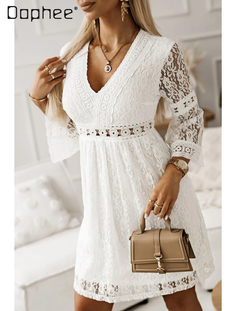 Elegant White Hollow Out V-neck Lace Dress Women Flare Sleeve High Waist Solid Color Vacation Beach Short Dresses New Fashion