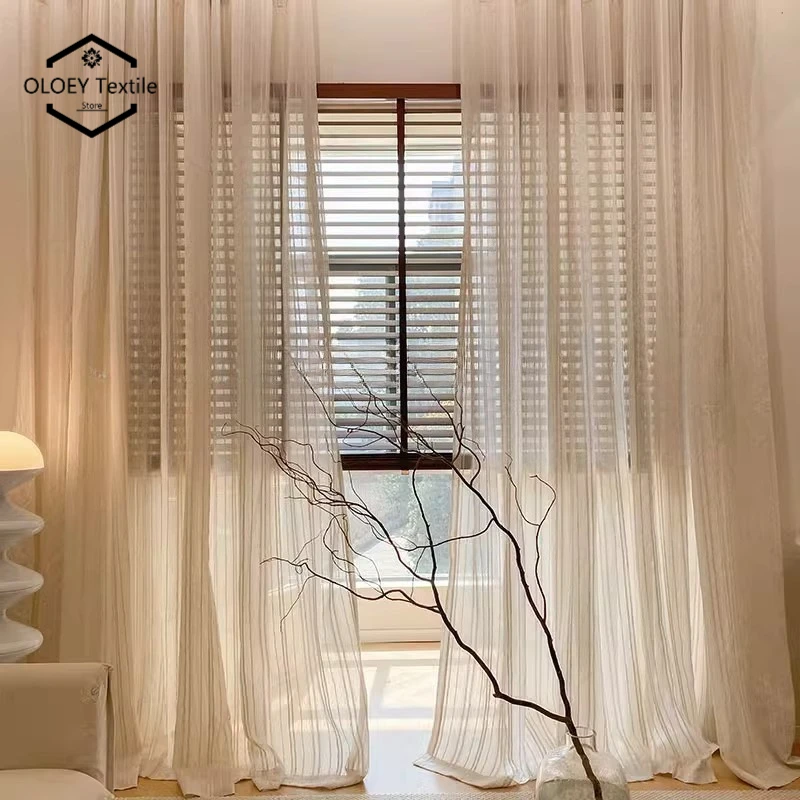 

Mid-century Style Sheer Curtains for Living Room Balcony Stud Natural Wood Color Textured Linen Curtains and Light Window Gauze