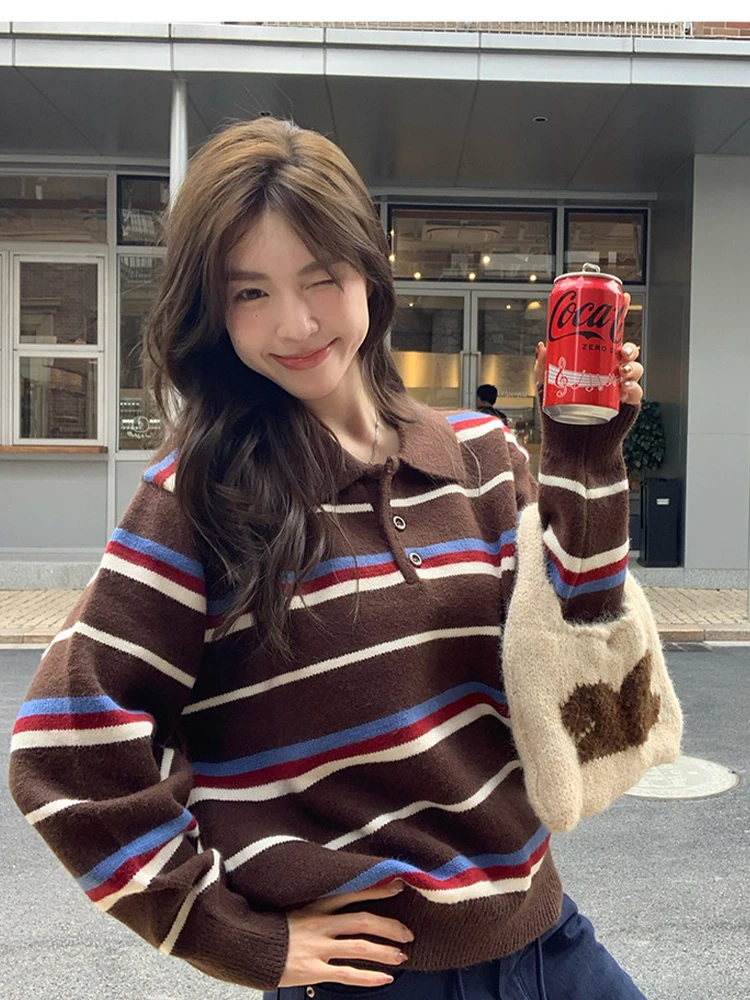 

Loose Fit Long Sve Ne Knitted Sweater Women's Autumn Winter Contrast Color irt Collar Casual Top Korean Sle