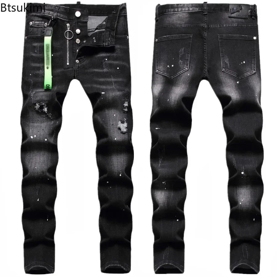 New Men's Jeans Vintage Stretch Slin Straight Denim Pants Street Style Holes Hip Hop Pants Personalized Male Jeans High Quality