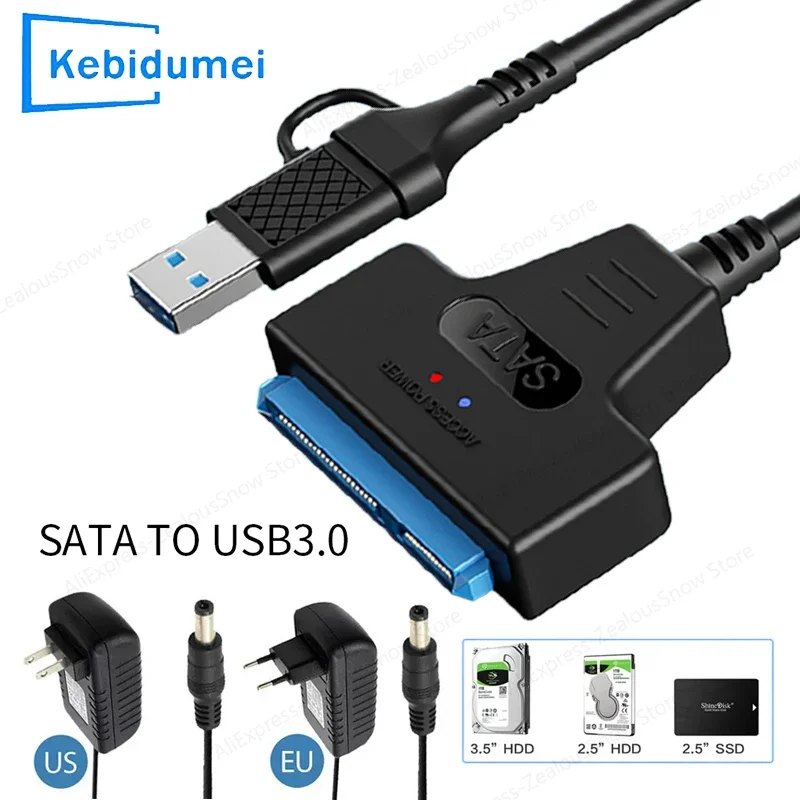 

USB 3.0/Type-C to SATA Adapter Sata Cable 2.5/3.5 Inch SSD HDD SATA III Hard Drive Disk with 12V/2A Power Adapter for PC Laptop
