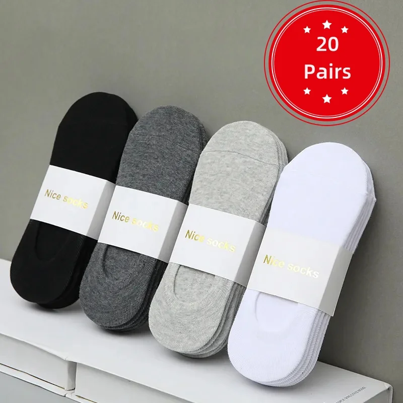 

20 Pairs Men's Socks Spring Summer Thin Breathable Soft Cotton Socks Black Casual Business Invisible Boat Socks Size EU38-44