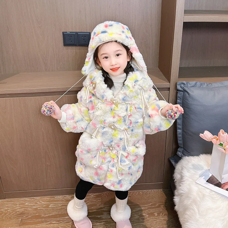 

Winter Jacket Kids Girl Parkas Warm Wedding Faux Fur Coat For Girl Children Rainbow Color Winter Clothes Baby Girl Party Coats