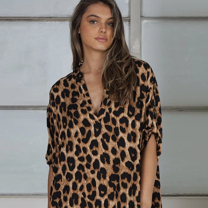 Fashion Leopard Print Long Blouse Button Up Women Long Sleeve Shirt Swimsuit Cover Ups Bohemian Vocation Shirts Sunscreen Loose