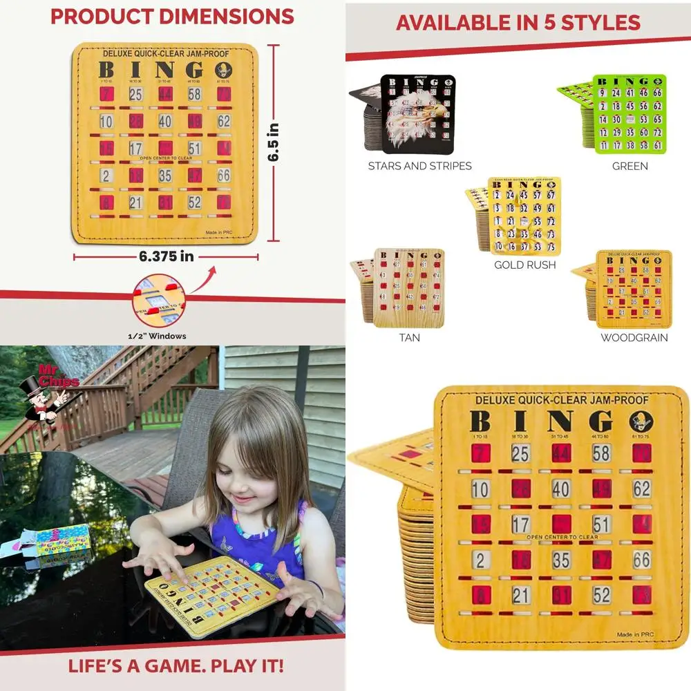 

Deluxe 100-Count Jam-Free Fingertip Slide Bingo Cards with Woodgrain Design