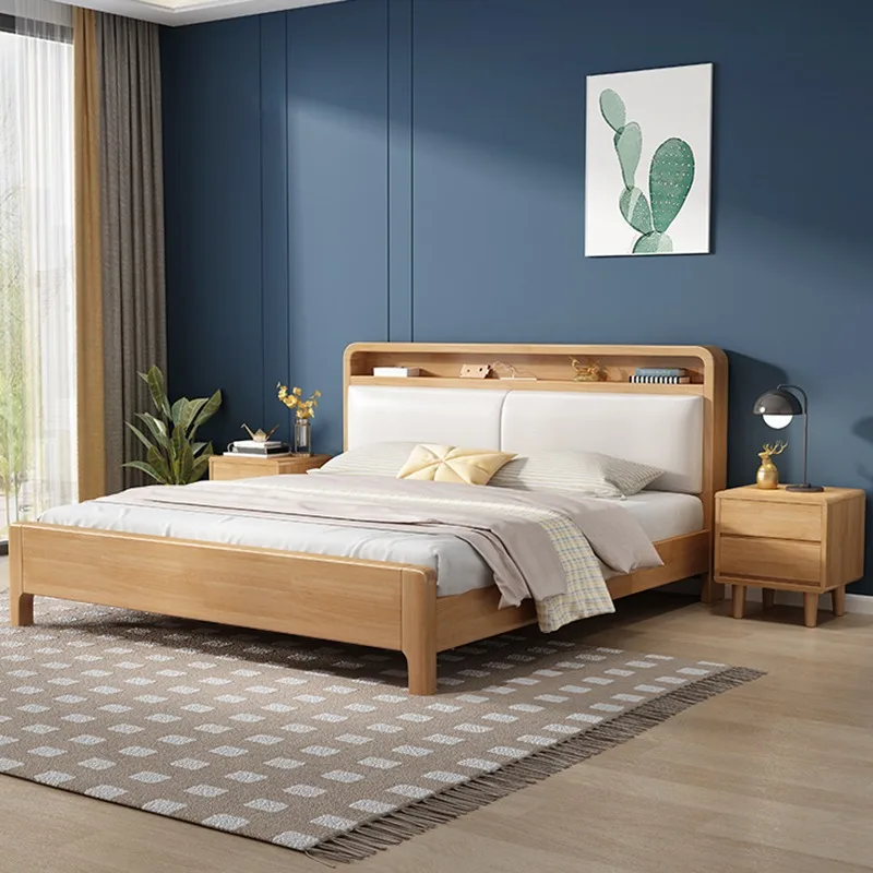 Nordic solid wood bed bedroom soft rest with night light high box storage bed