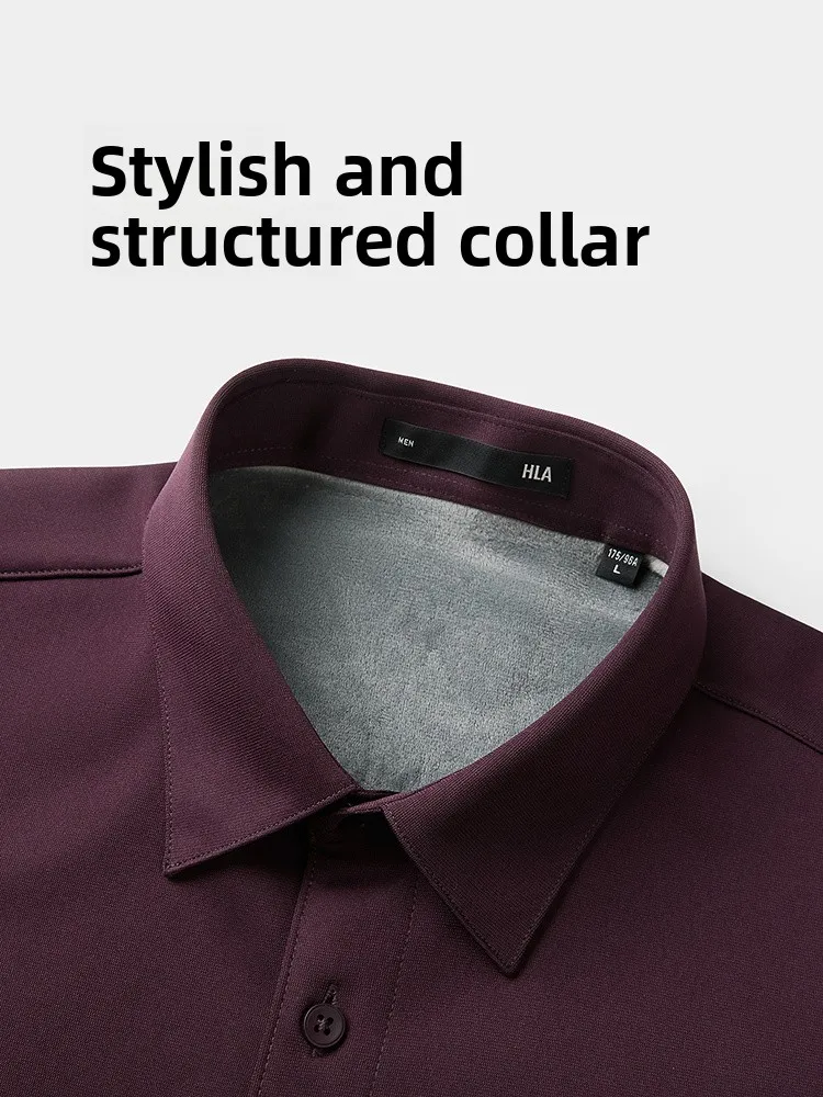 HLA Men's Fleece Lined Thickened Warm Business White Shirt Wedding Commute Shirt Standard Fit Knitted Fabric Long Sleeve Winter