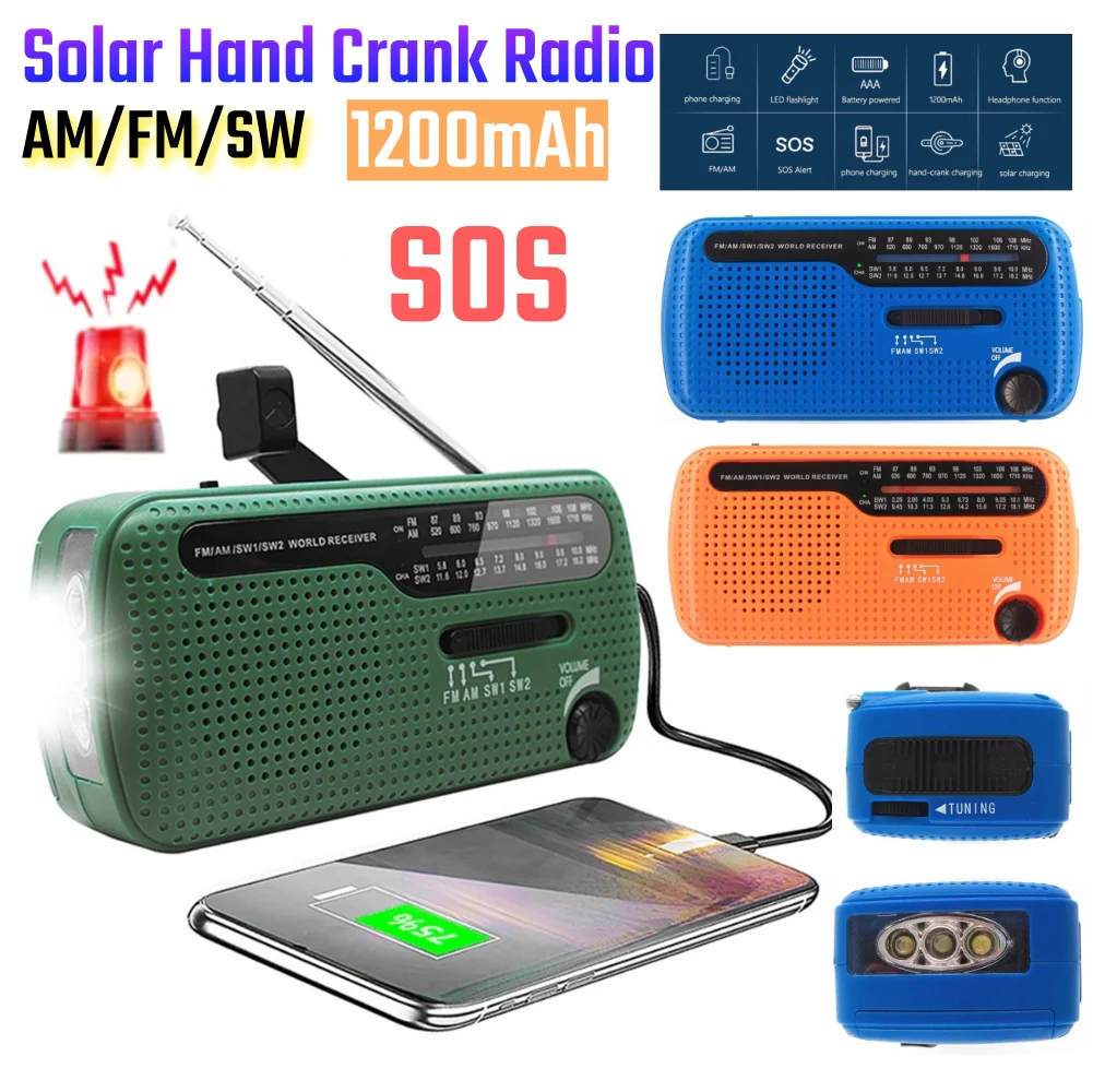 1200 mAh tragbares AM FM SW Radio Solar/USB/Handkurbel/AAA Trockenbatterie-Laderadio mit LED-Taschenlampe Outdoor-Notfall SOS