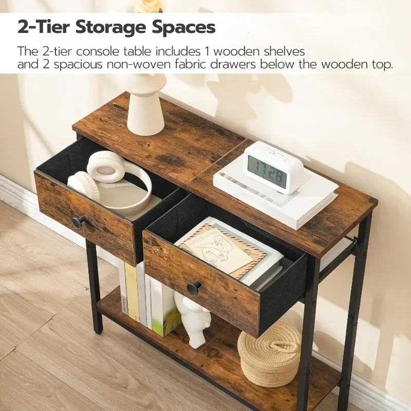 Консольный столик для хранения в прихожей с двумя тканевыми ящиками, тонкий стол для прихожей с полками для квартир, небольшая гостиная