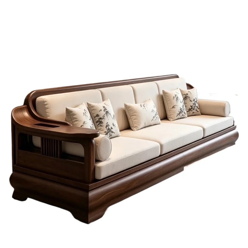 New Chinese-style solid wood sofa living room high-end black walnut straight row three-person fabric sofa