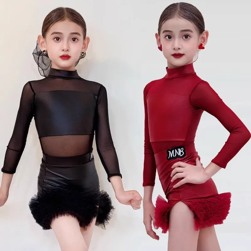2025 Mesh Long Sleeve Top Skirt Split Suit Latin Dance Dress Chacha Rumba Dance Performance Costumes Competition Suit DQL12011