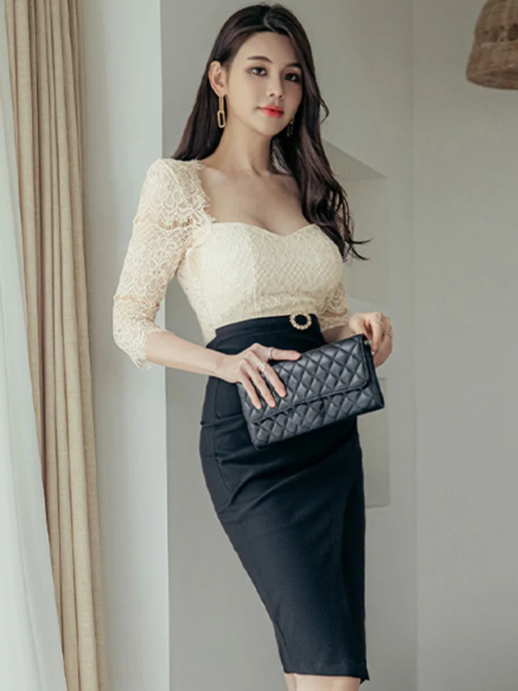 Elegant Office Lady Dress Spring Lace Square Neck 3/4 Sleeves High Waistline Stitching Tight Fitting Asymmetric Party Mini Dress