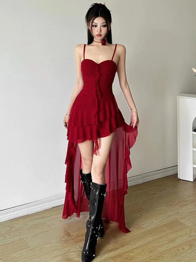 

Red Traveling Women's Dress U-Neck Midi Skirt with Sashes Holiday Outfit Photography Location Countryside Scene Commute Style